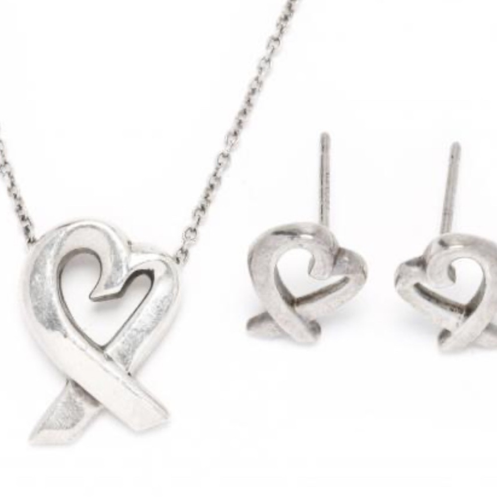 Authentic|Tiffany&Co Paloma Picasso Sterling Silver Heart Earrings& Necklace Set